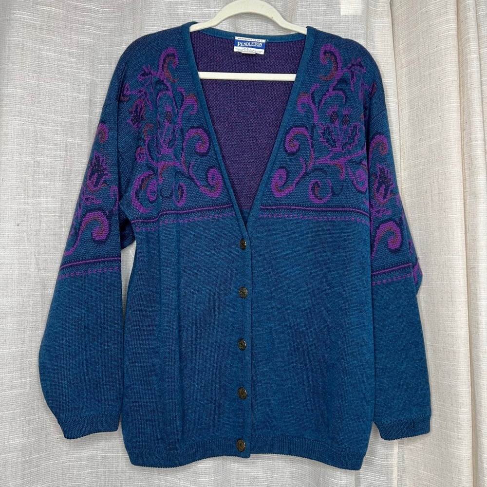 Vintage Pendleton Wool Cardigan Sweater Paisley Scroll Metal Buttons Large Tall‎